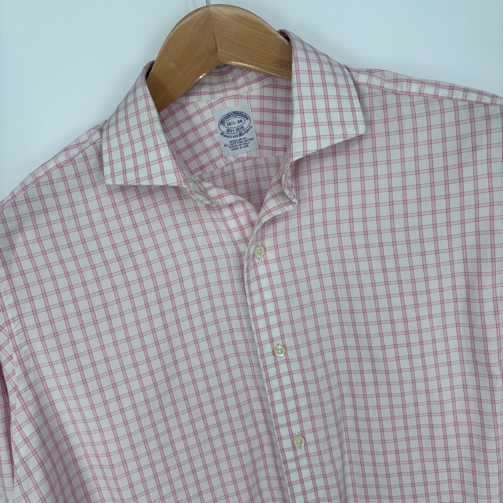 VTG Brooks Brothers Makers Merchants Shirt Mens 15.5-34 Pink Check USA Italy